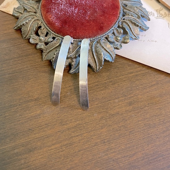 SOLD-Vintage Artisan Made Minimalist Silver Tone Slight Curve Pierced Earrings - Picture 2 of 9